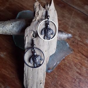 Handmade Turtles Chilling with Full Moon Silver Earrings